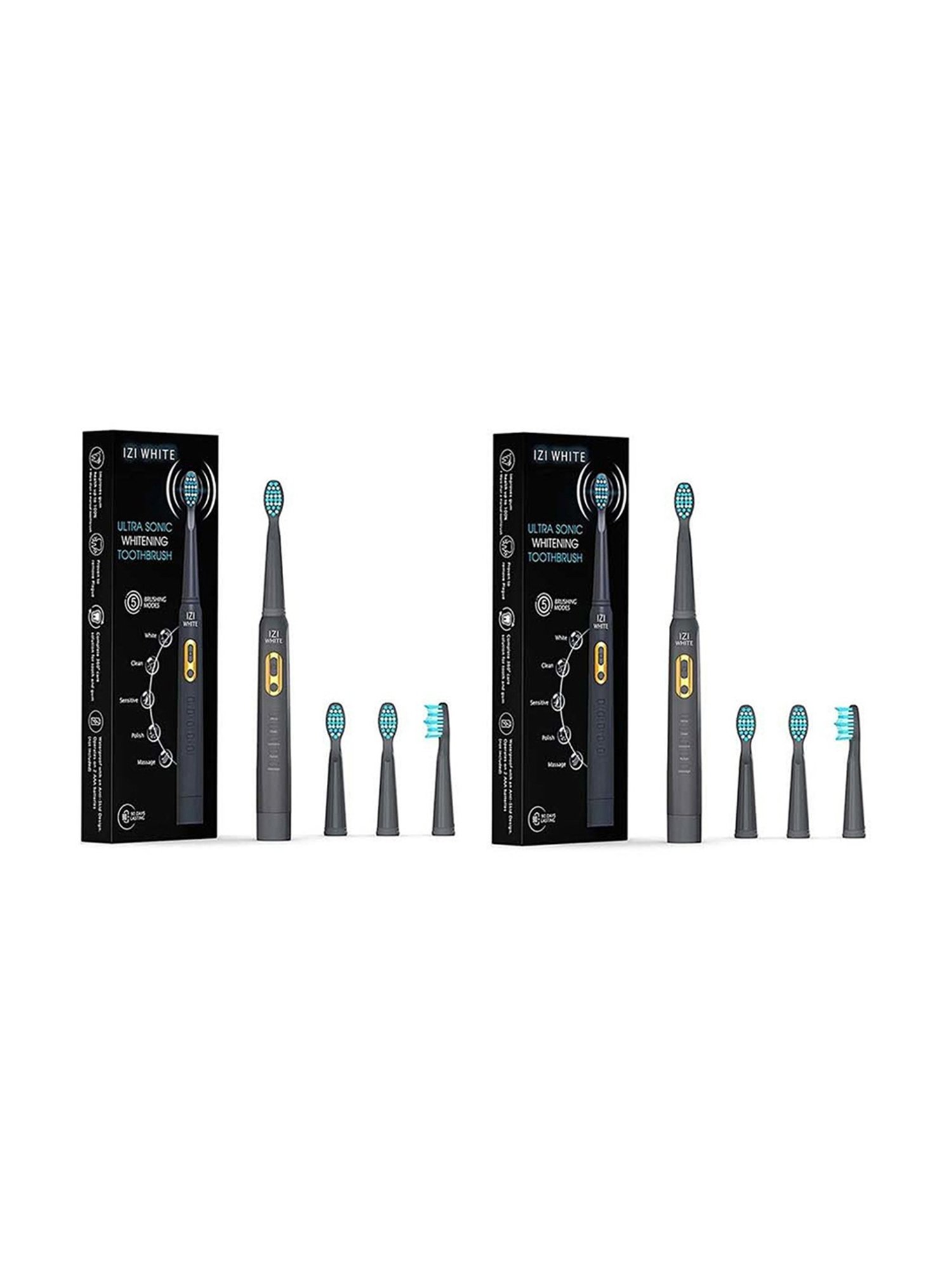 IZI White Ultra Sonic Rechargeable Whitening Electric Toothbrush - Pack of 2 (Black)