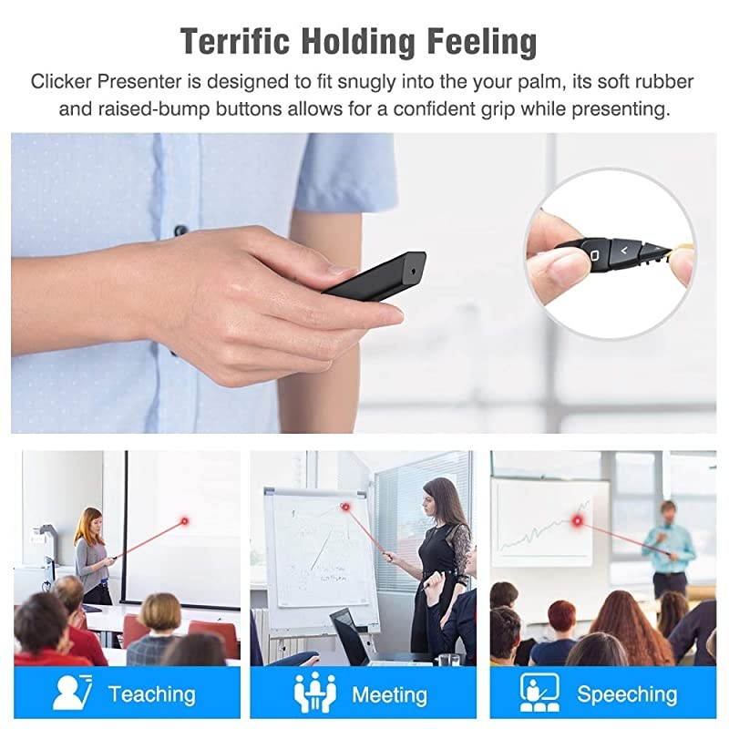 Presentation Powerpoint Clicker Wireless Presenter Rechargeable Green Light USB Remote Control Hyperlink Volume Control Slide Advancer 24GHz with Case