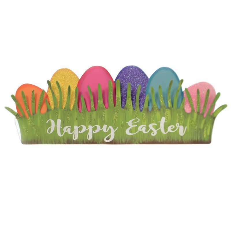 Easter 8.25" Happy Easter Grass With Eggs Colorful Glitter  -  Wall Sign Panels