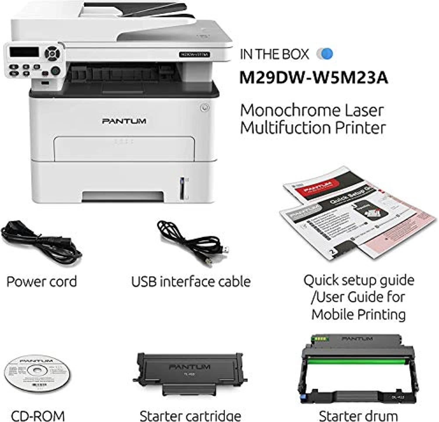 Pantum Multifunction (Print Copy Scan) Monochrome Laser Printer with Wireless Duplex Two-Sided Printing, Networking  and  USB 2.0(33PPM, M29DW-W5M23A) (M29DWW5M23A)