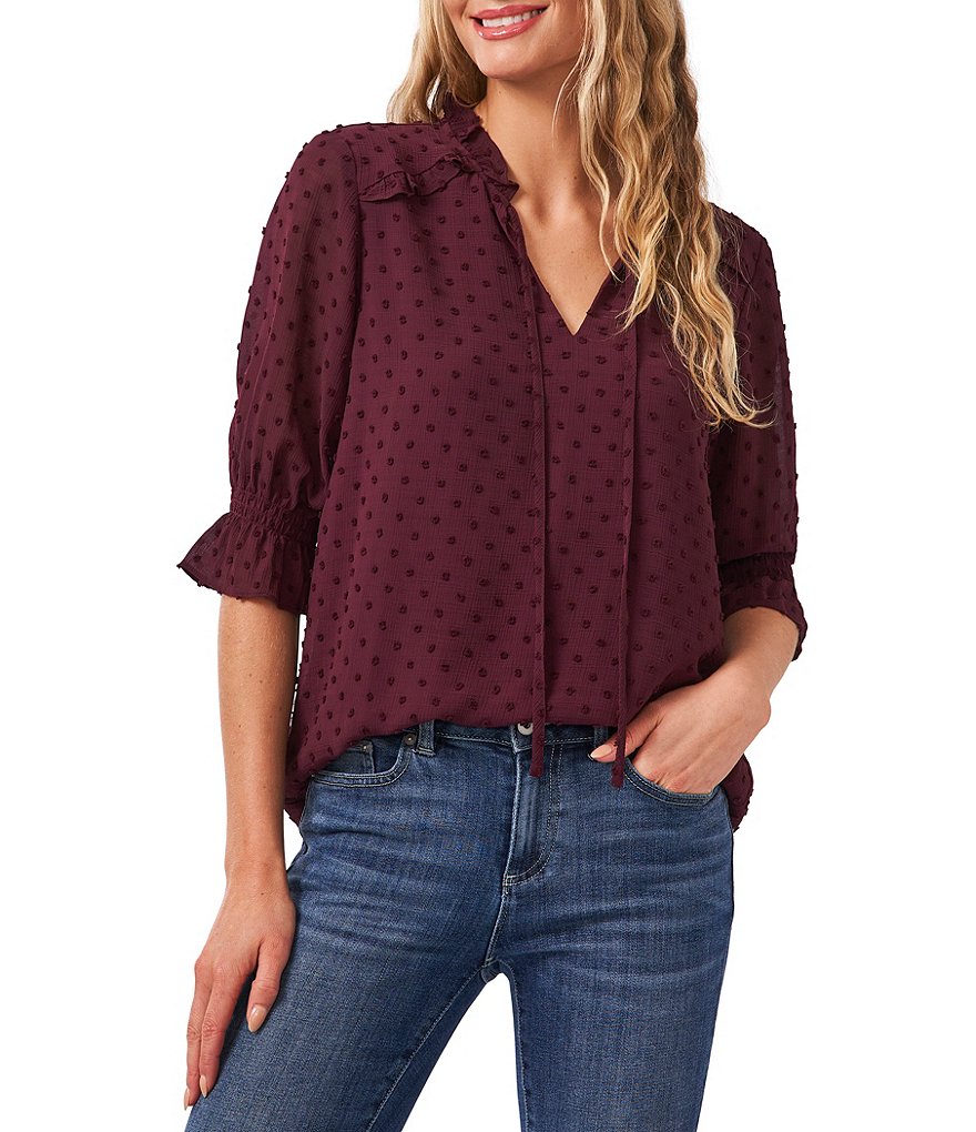 CeCe Split Neck Elbow Sleeve Clip Dot Chiffon Blouse