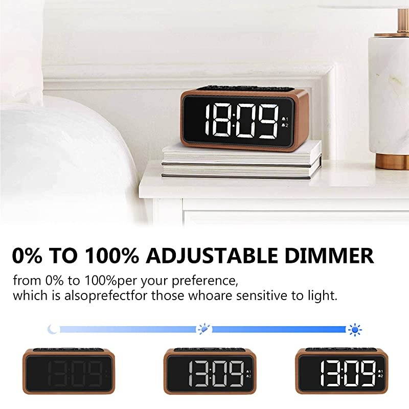 Alarm Clock, Large LED Display Wood Digital FM Alarm Clock, Adjustable Brightness Dimmer and Snooze, Simple LED Clock with Dual Alarm, 12/24 Hour, Powered by AC Adapter (White LED)