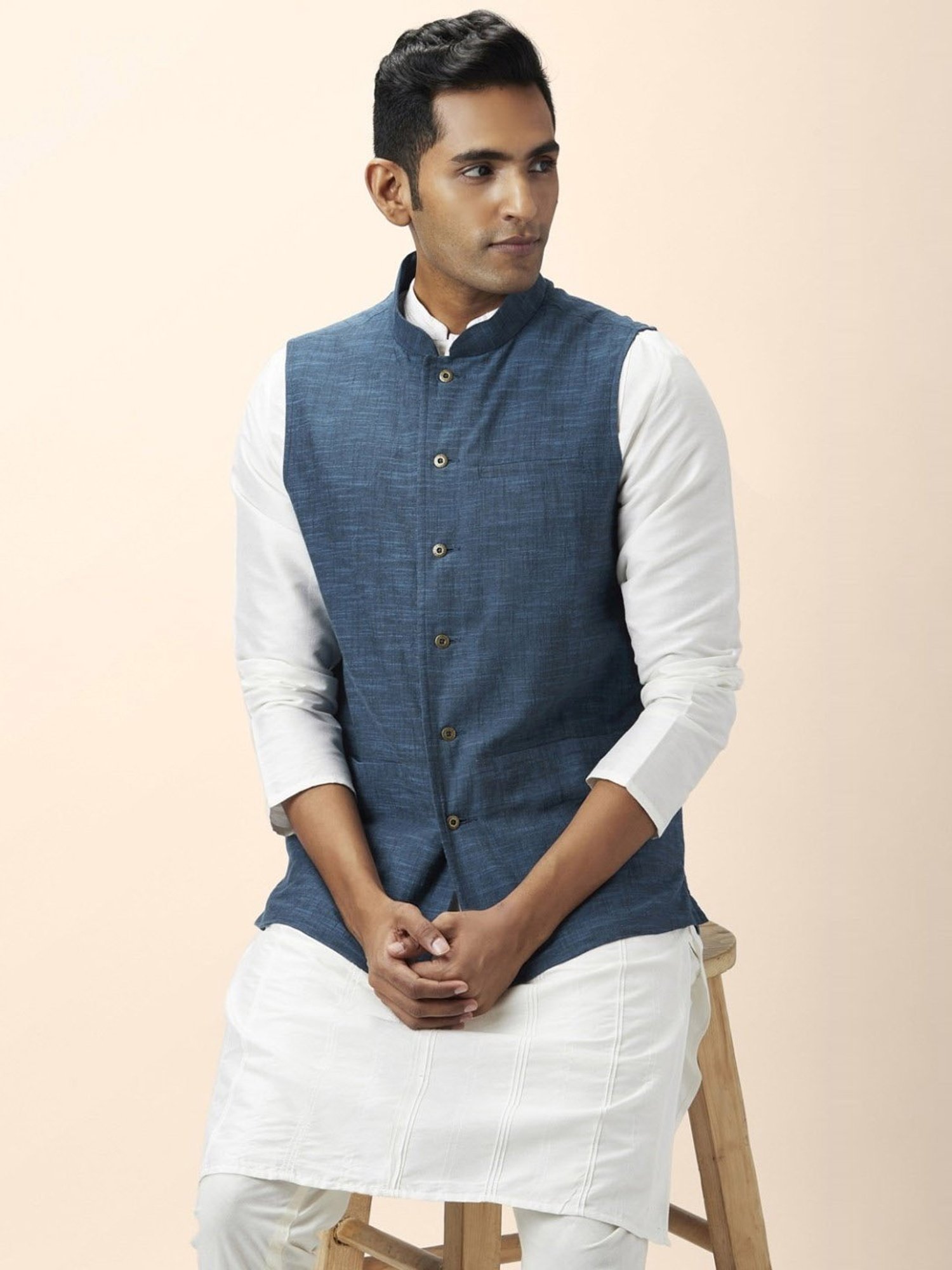 Indus Route By Pantaloons Navy Cotton Regular Fit Nehru Jacket
