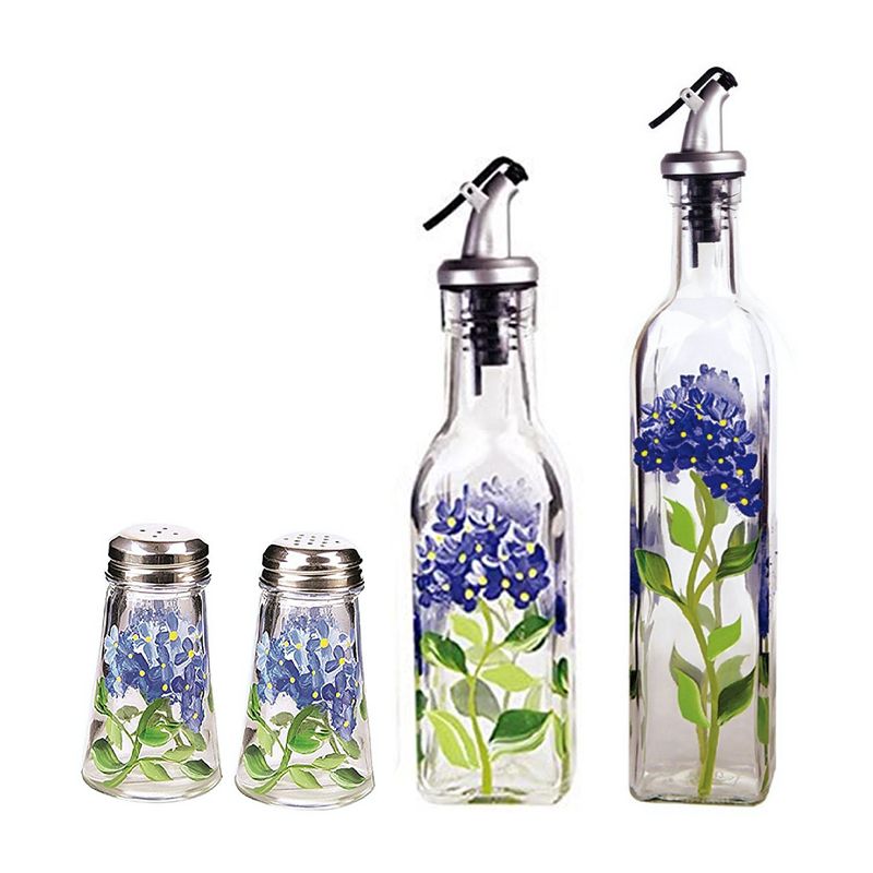 Grant Howard Glass Salt and Pepper Shaker Set and 2 Oil Vinegar Cruet Bottles Hand Painted with Hydrangeas, Blue