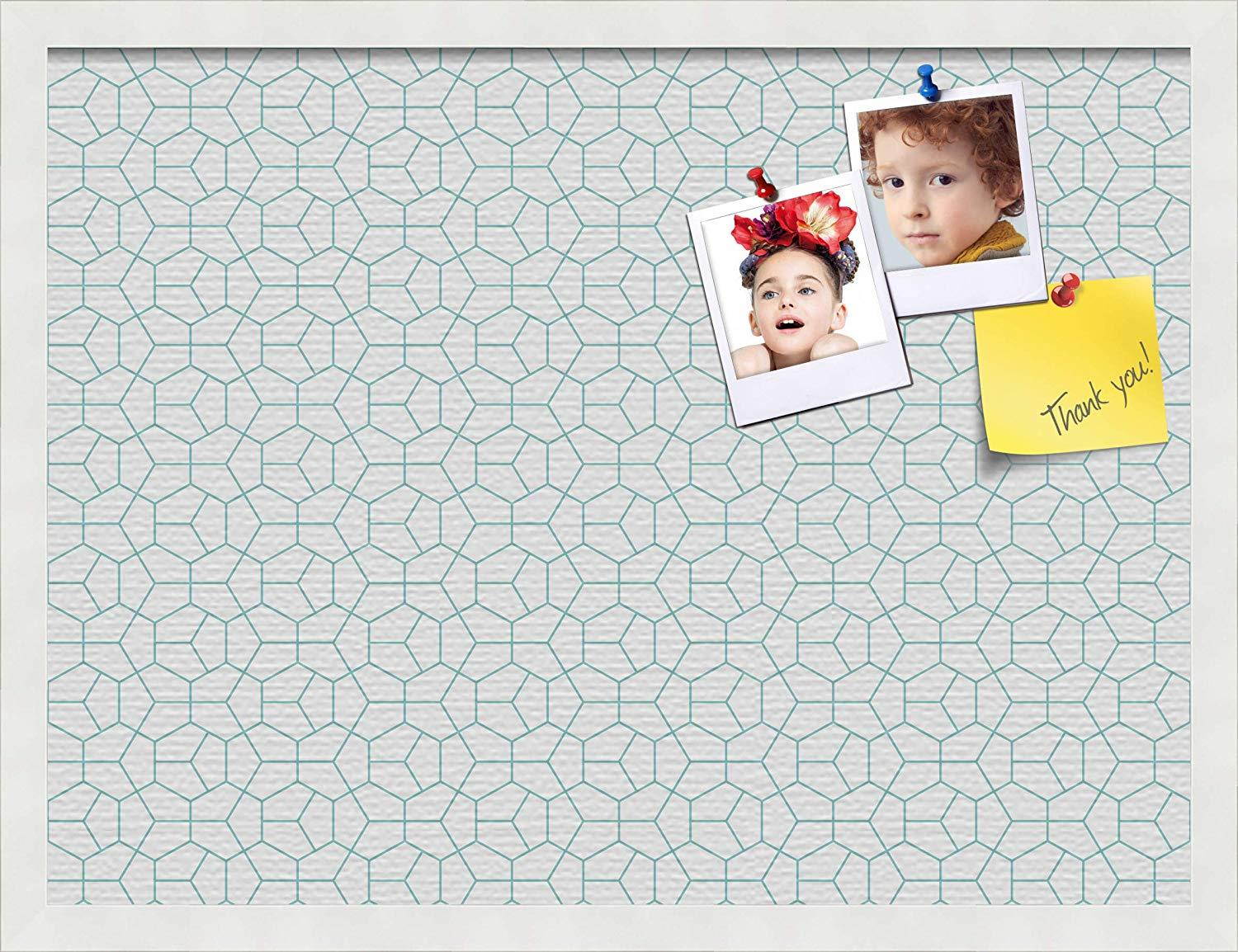 PinPix pin Cork Bulletin Board Made from Canvas, Modeco Hex Aqua 24x18 Inches (Completed Size) and Framed in Satin White Frame (PinPix-1540-24x18_FRBW26074)