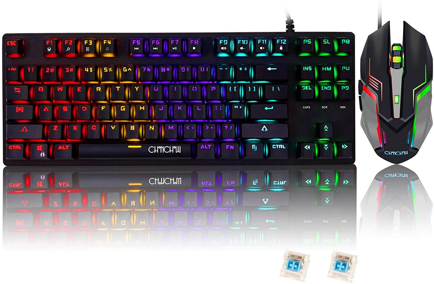 RGB Mechanical Keyboard and Mouse Combo, CHONCHOW Small 87 Keys 60% TKL Cherry MX Blue Switches Equivalent Keyboard with 3200 DPI Gaming Mouse Wired Rainbow Backlit Keyboard for Windows PC Gamers