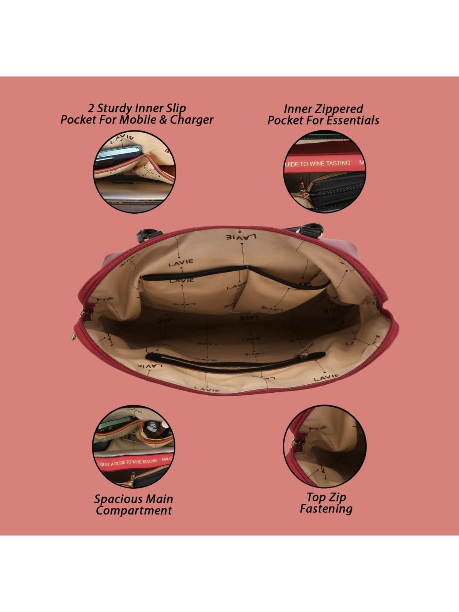 Lavie Lit Module Red Synthetic Solid Laptop Handbag