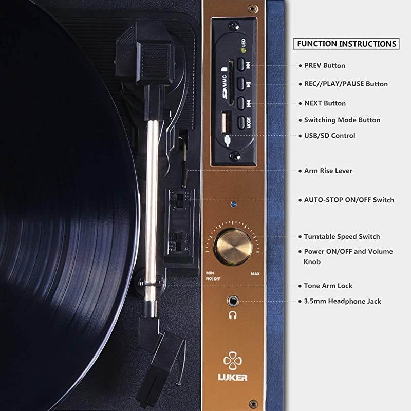Record Player  Portable Suitcase Bluetooth Turntable for Vinyl Record BeltDrive 3Speed Stereo Turntable with Speakers Support Power Bank Supply 35mm Headphone RCA Audio Output