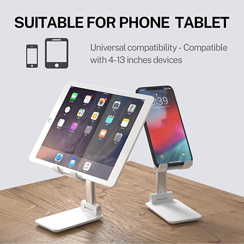 Phone Stand Foldable Portable Desktop Stand Adjustable Height and Angle Phone Holder for Desk Sturdy Aluminum Metal Stand Compatible with SmartphoneiPadKindleTablet White