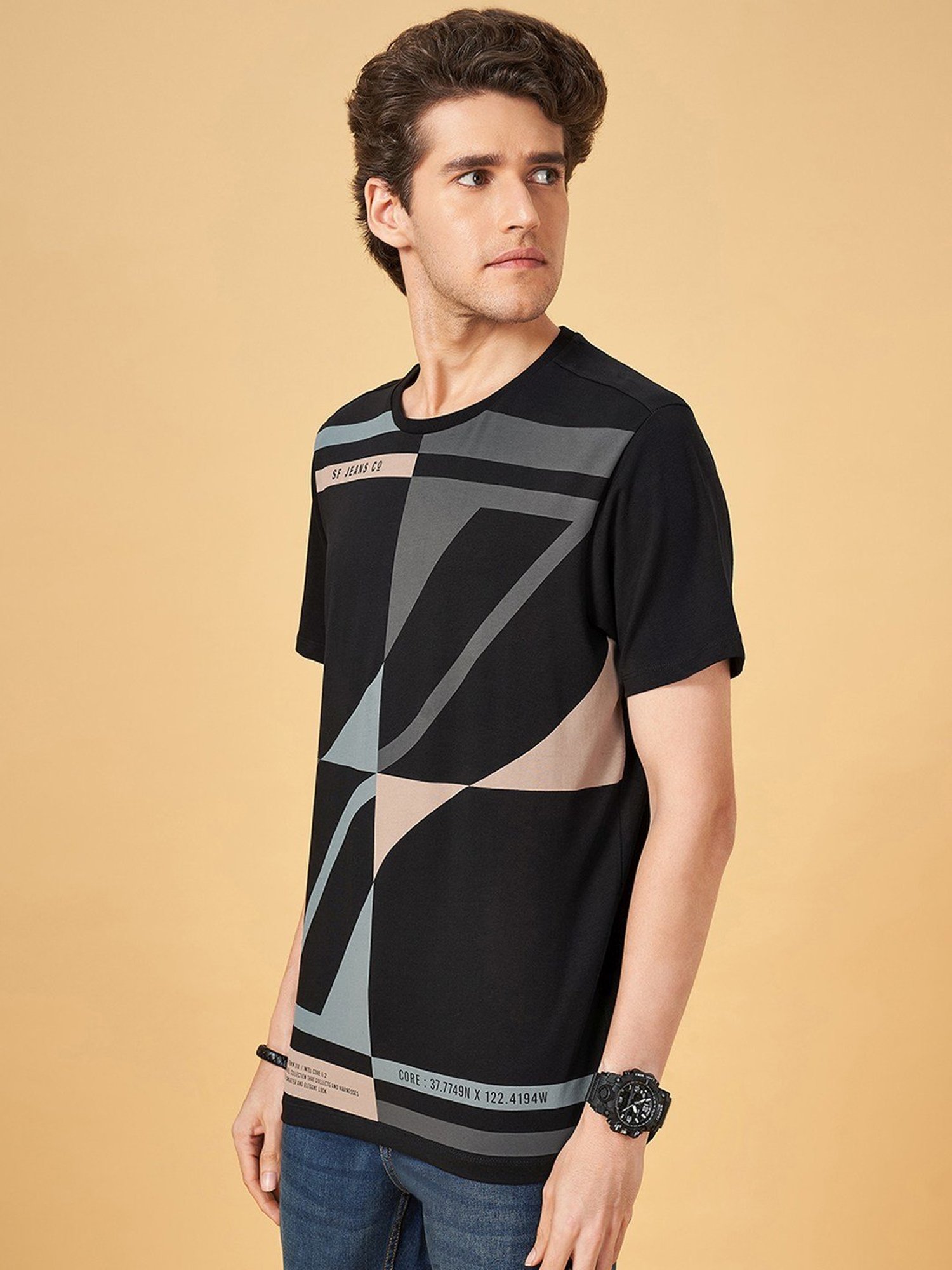 SF Jeans by Pantaloons Jet Black Cotton Slim Fit Printed T-Shirt