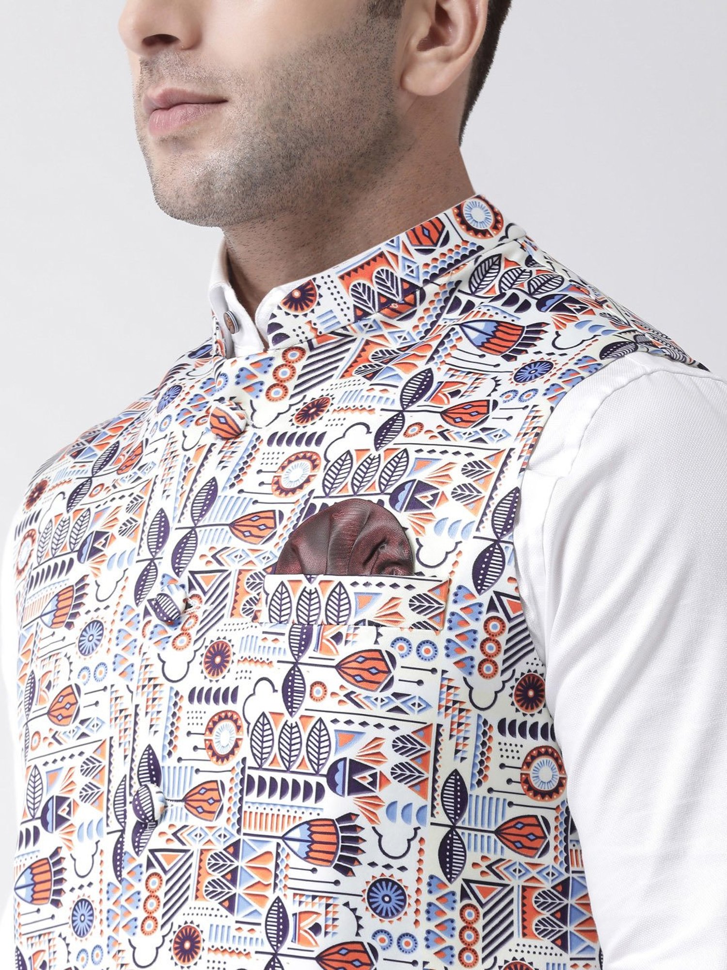 Hangup Plus White Regular Fit Printed Nehru Jacket