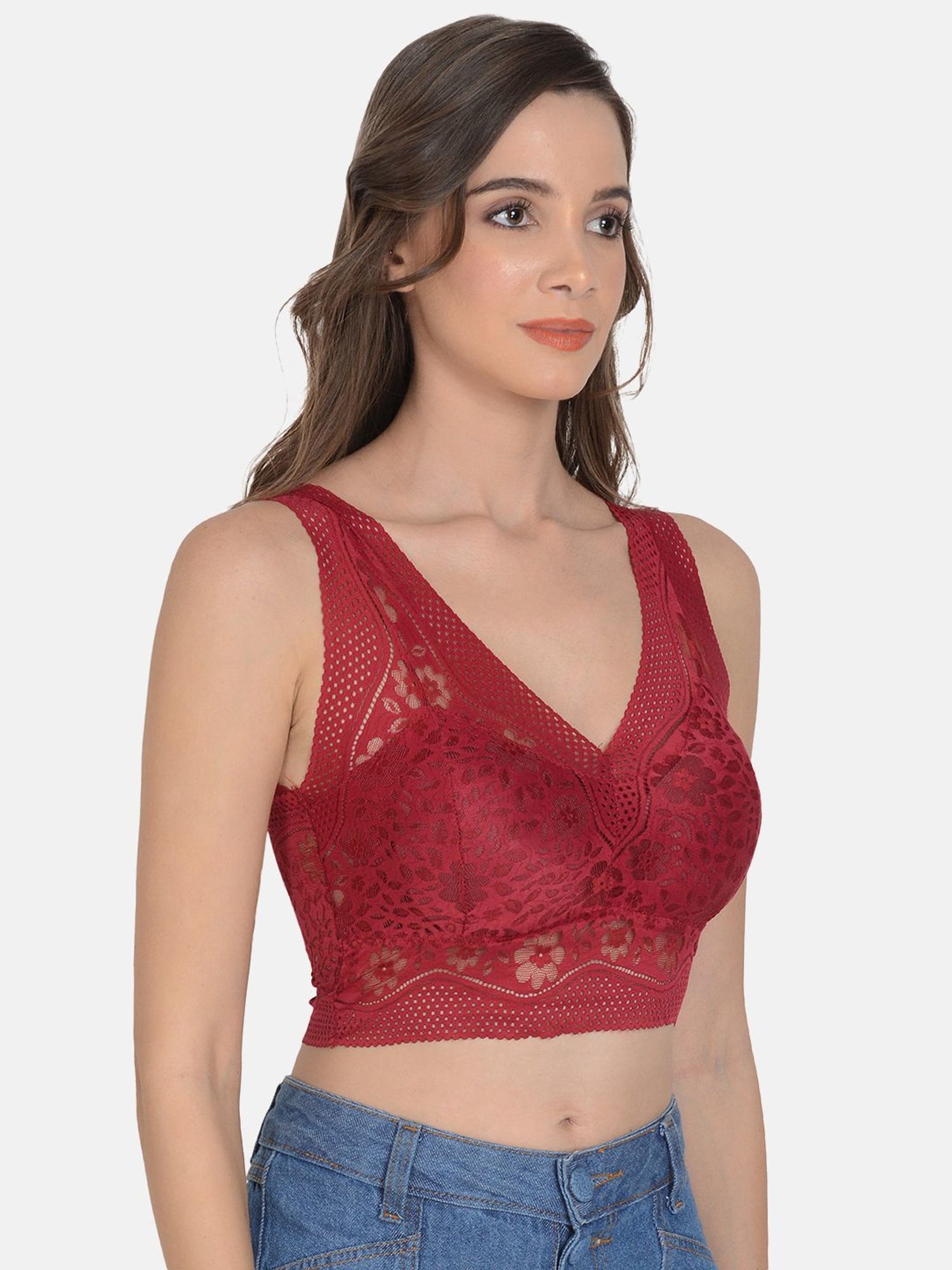 mod & shy Maroon Lace Work Removable Padded Bralette Bra