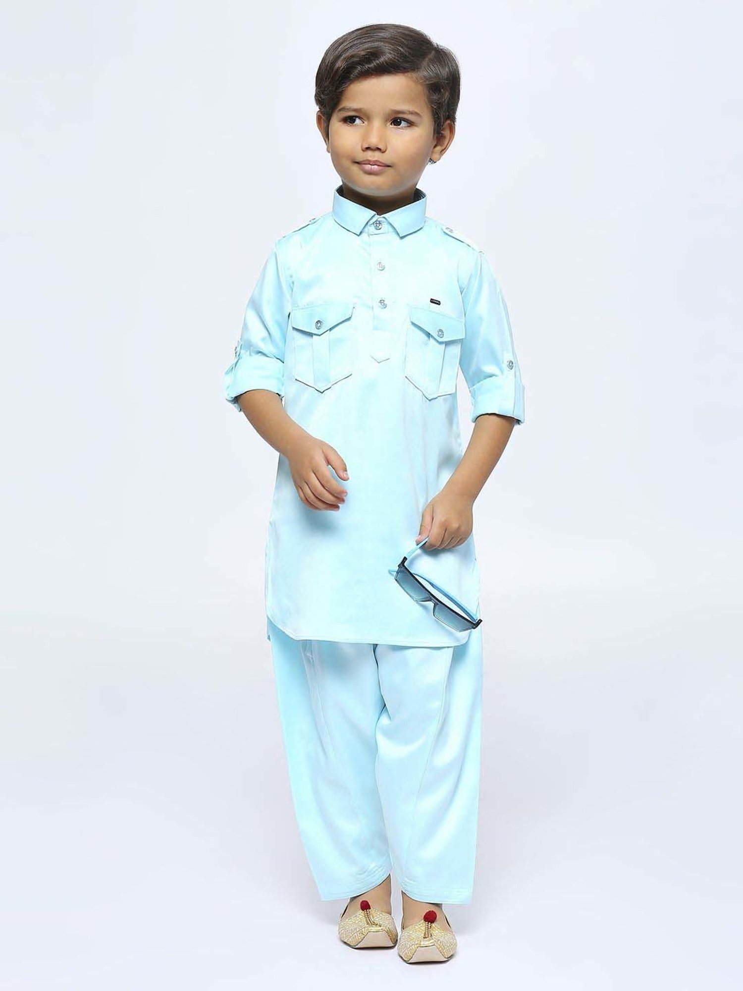 Kids Island Boys Blue Solid Full Sleeves Kurta Set