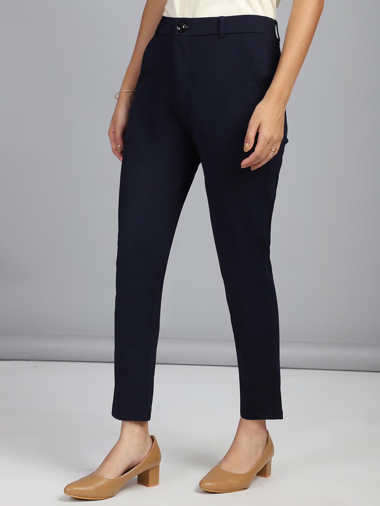 FITHUB Navy Skinny Fit High Rise Formal Trousers