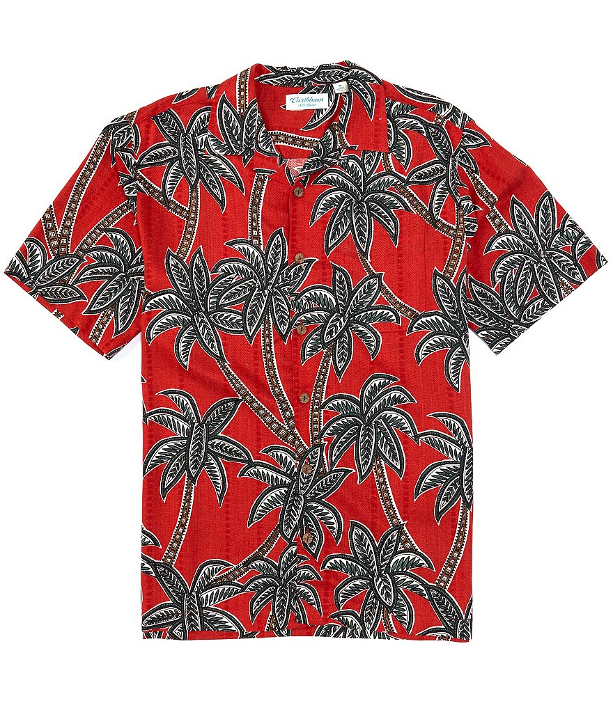 Caribbean Silk Blend Palm Tree Print Short-Sleeve Woven Shirt