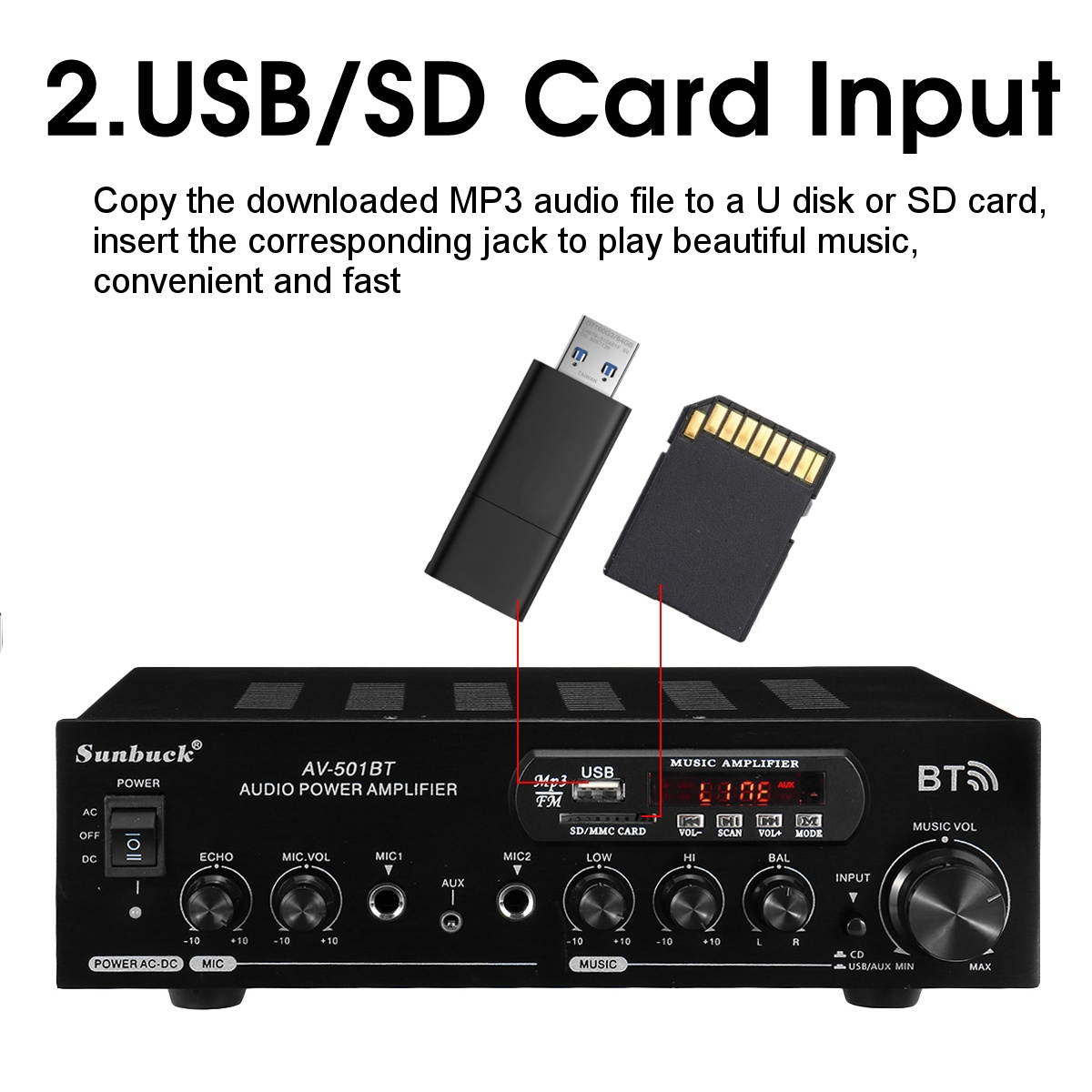 2 Channel bluetooth Home Stereo Amplifier Power Audio USB 2000W 110V