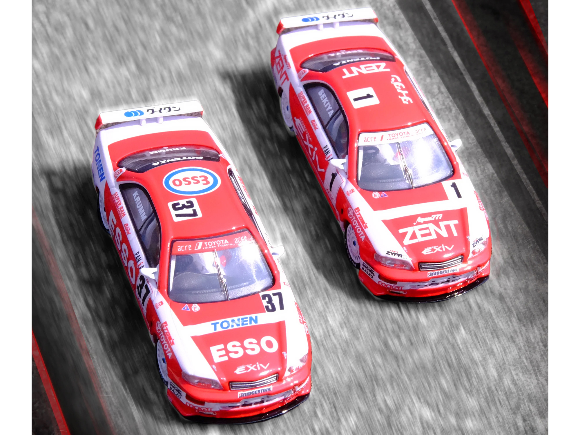 Toyota Corona EXiV #1 Masanori Sekiya "ZENT" and Toyota Corona EXiV #37 Michael Krumm "ESSO" RHD (Right Hand Drive) "Toyota Team TOM's" Japanese Touring Car Championship (1995) 2 piece Box Set Collection 1/64 Diecast Model Car by Inno Models