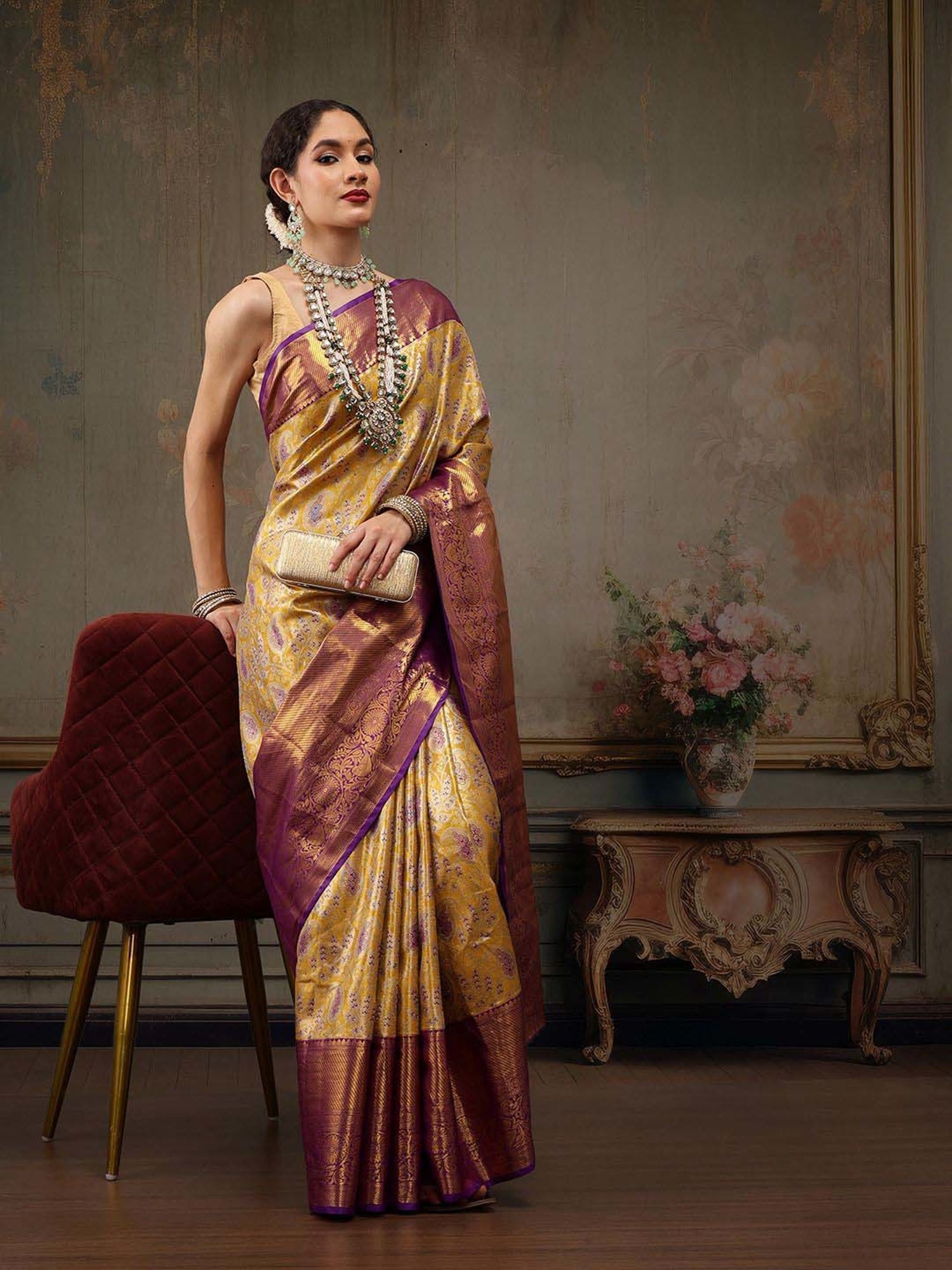 Silk Land Mustard Silk Woven Saree With Unstitched Blouse
