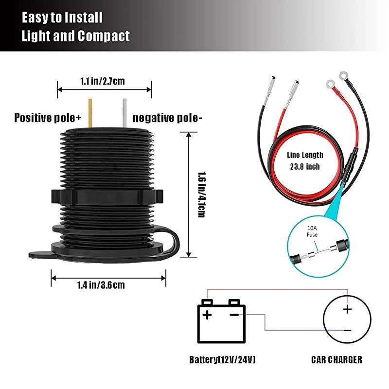 Charge 30 Dual USB Car Charger Socket 12V24V 36W QC30 Dual USB Fast Charger Aluminum Socket Power Outlet with LED Voltmeter for Marine Boat Motorcycle Truck Golf Cart