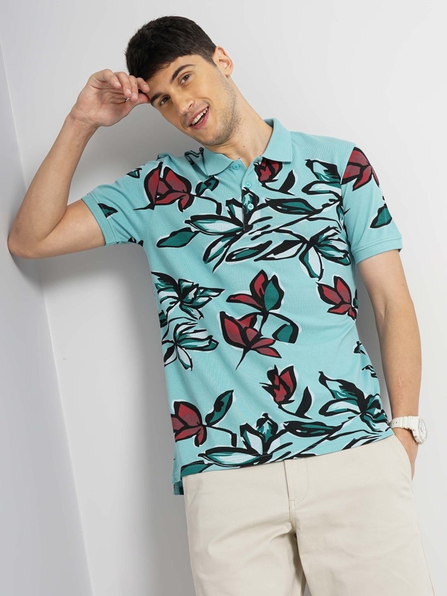 Celio Sea Green Cotton Regular Fit Printed Polo T-Shirt
