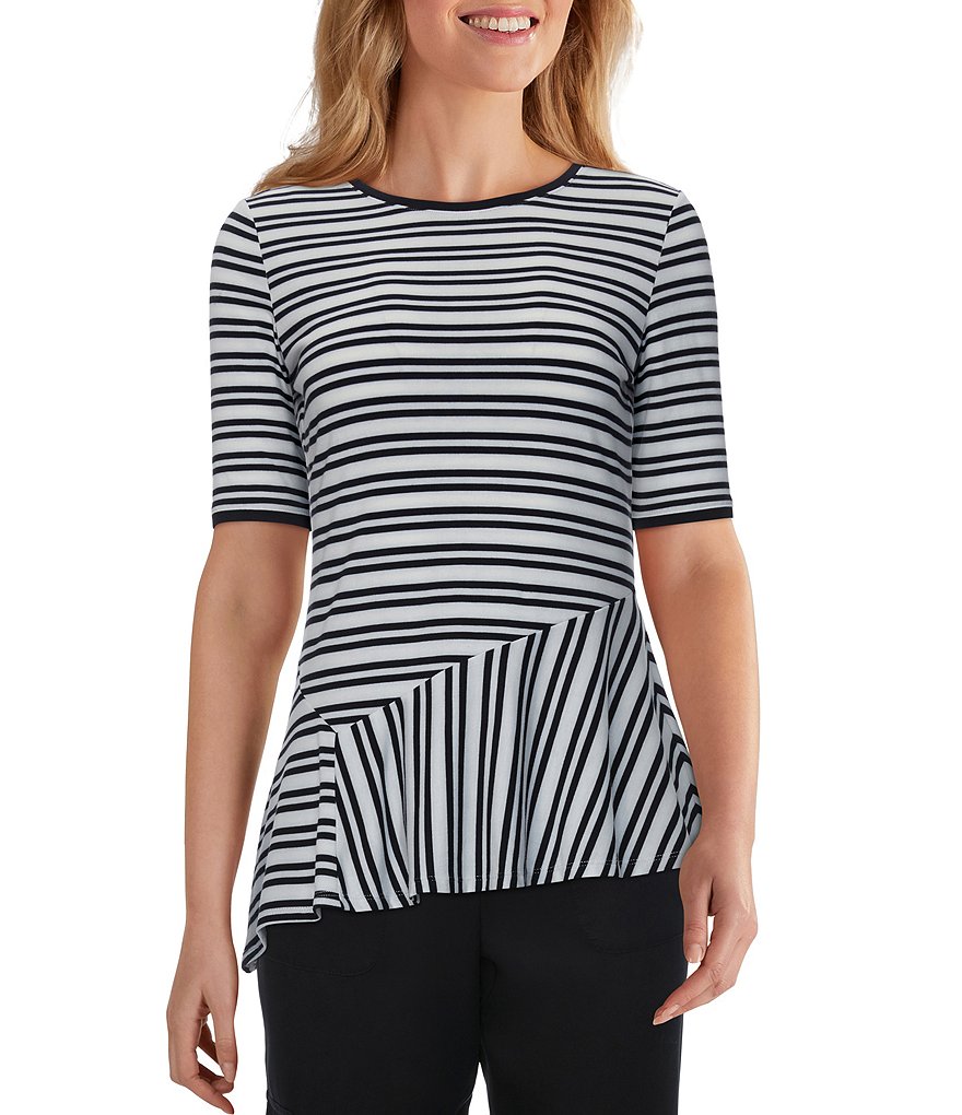Ruby Rd. Safari Stripe Print Contrast Scoop Neck Elbow Sleeve Asymmetrical Hem Top