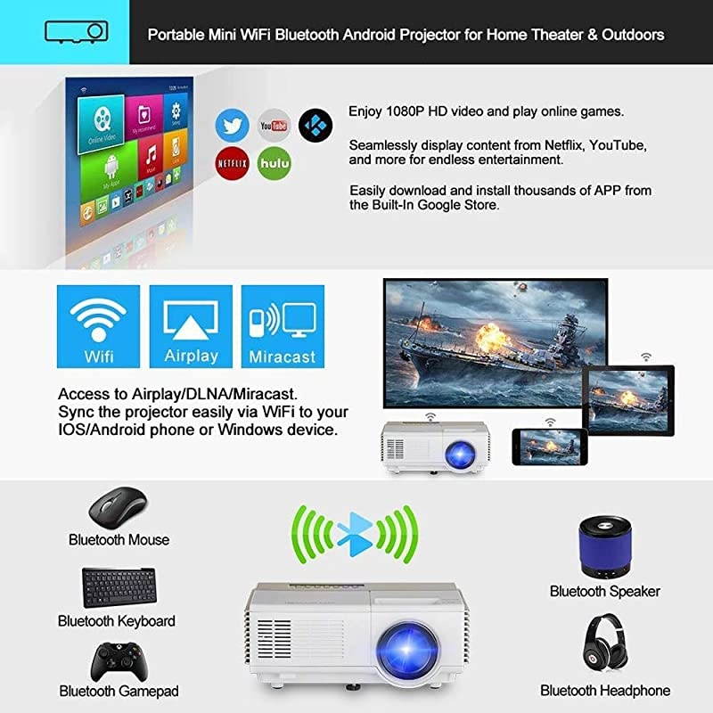 Projector with WiFi BluetoothOutdoor Movie Projector Support 1080p HDMI USB Airplay for Home Theater System TV Box DVD Player PS4 Laptop AV