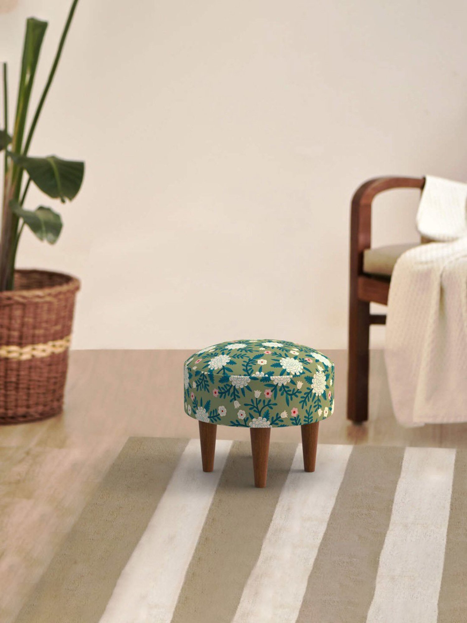 Chumbak Begum Spring Marigold Floral Green Wood Foot Rest Ottoman