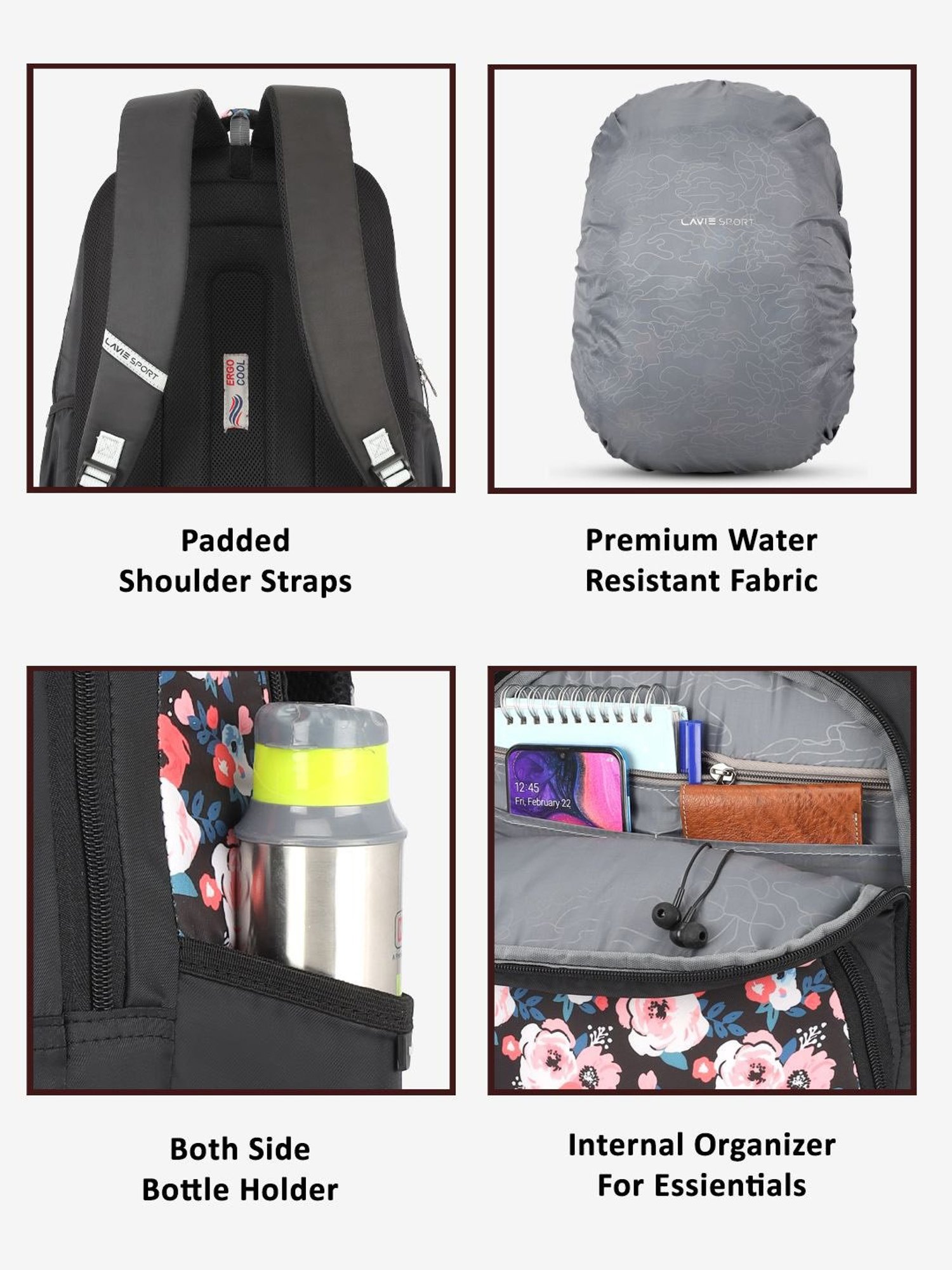 Lavie Sport Rosette 39L Printed School Backpack with Rain cover for Girls (Black)