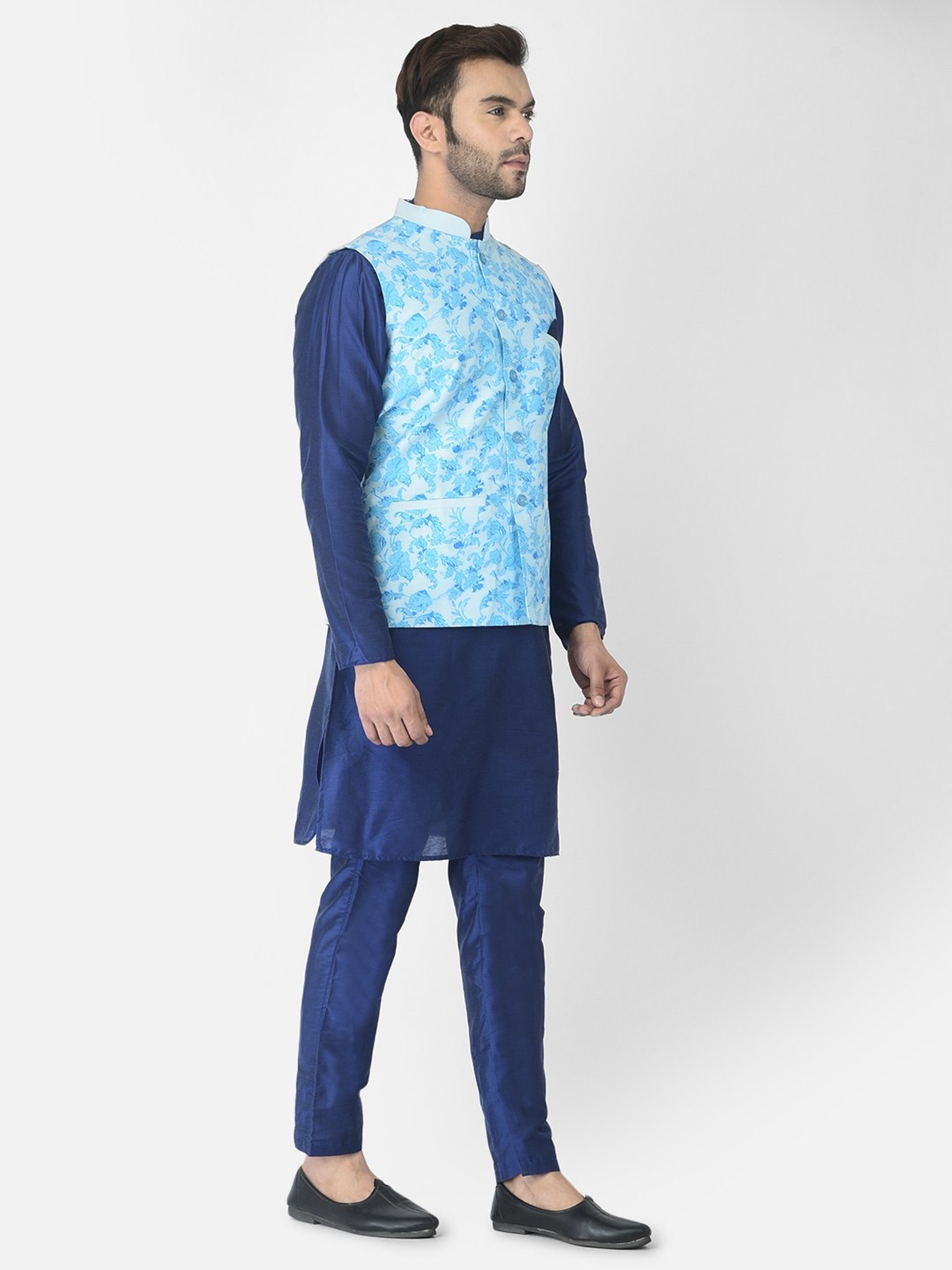 Deyann Navy & Blue Cotton Regular Fit Printed Kurta Set With Jacket