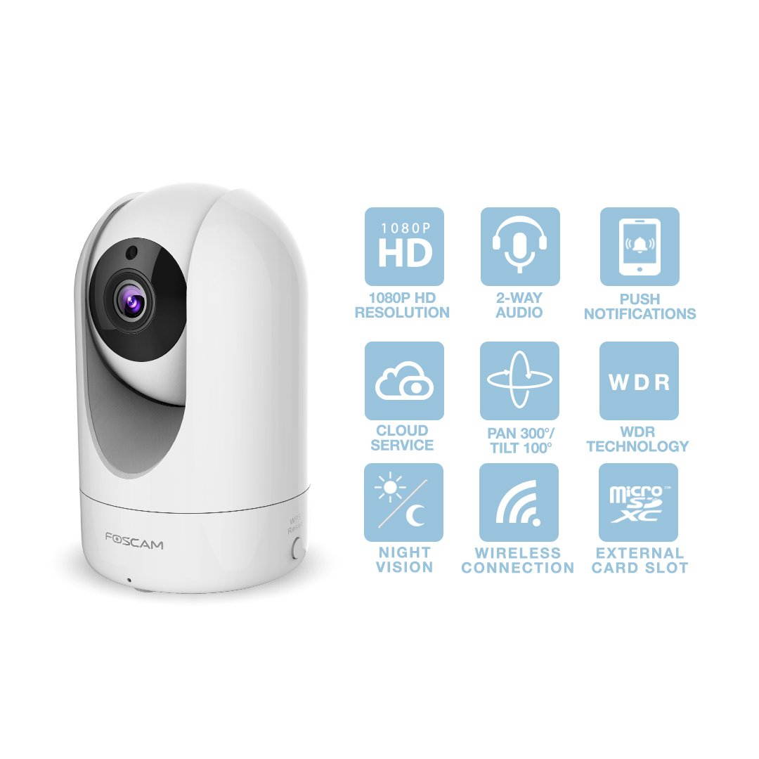 Foscam Home Security Camera, R2 Full HD 1080P WiFi IP Camera with Real-time 1080P Video at 25FPS, Pan Tilt 8X Digital Zoom, Motion Detection & Alert, Optional Cloud Service Available, Rubber White