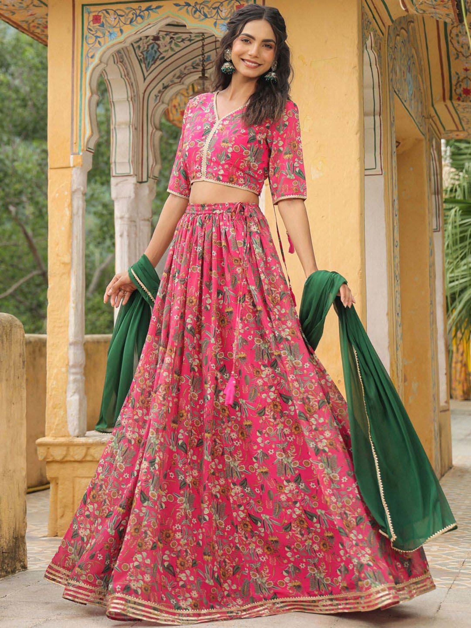 Janasya Pink Printed Lehenga Choli Set With Dupatta