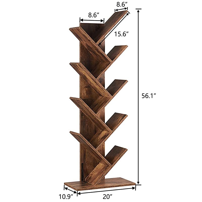 9-Shelf Tree Bookshelf, Floor Standing Tree Bookcase in Living Room/ Home/ Office, Bookshelves Storage Rack for CDs/ Movies/ Books - Rustic Brown