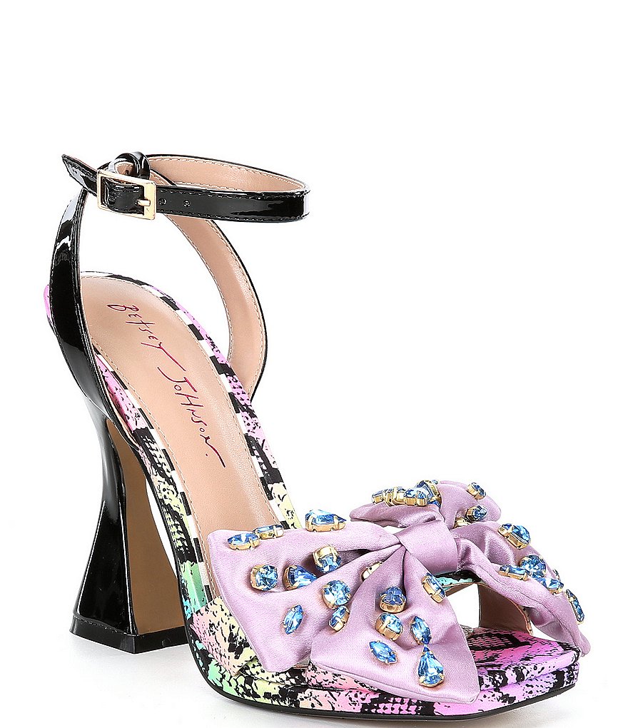 Betsey Johnson Loise Bow Snake Print Sculptural Heel Sandals