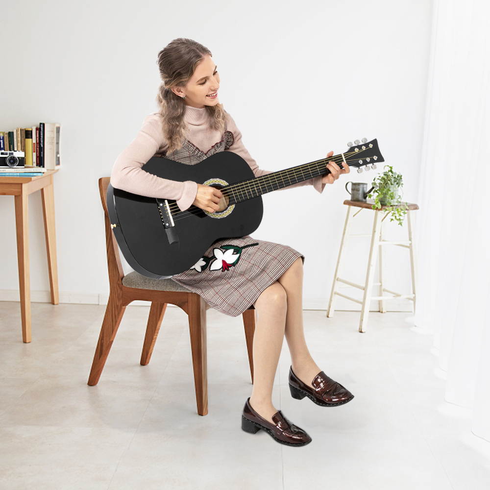 38 inch Folk Guitar with Bag & Board &Belt & Liquid Crystal Tuner & Strings Set Black