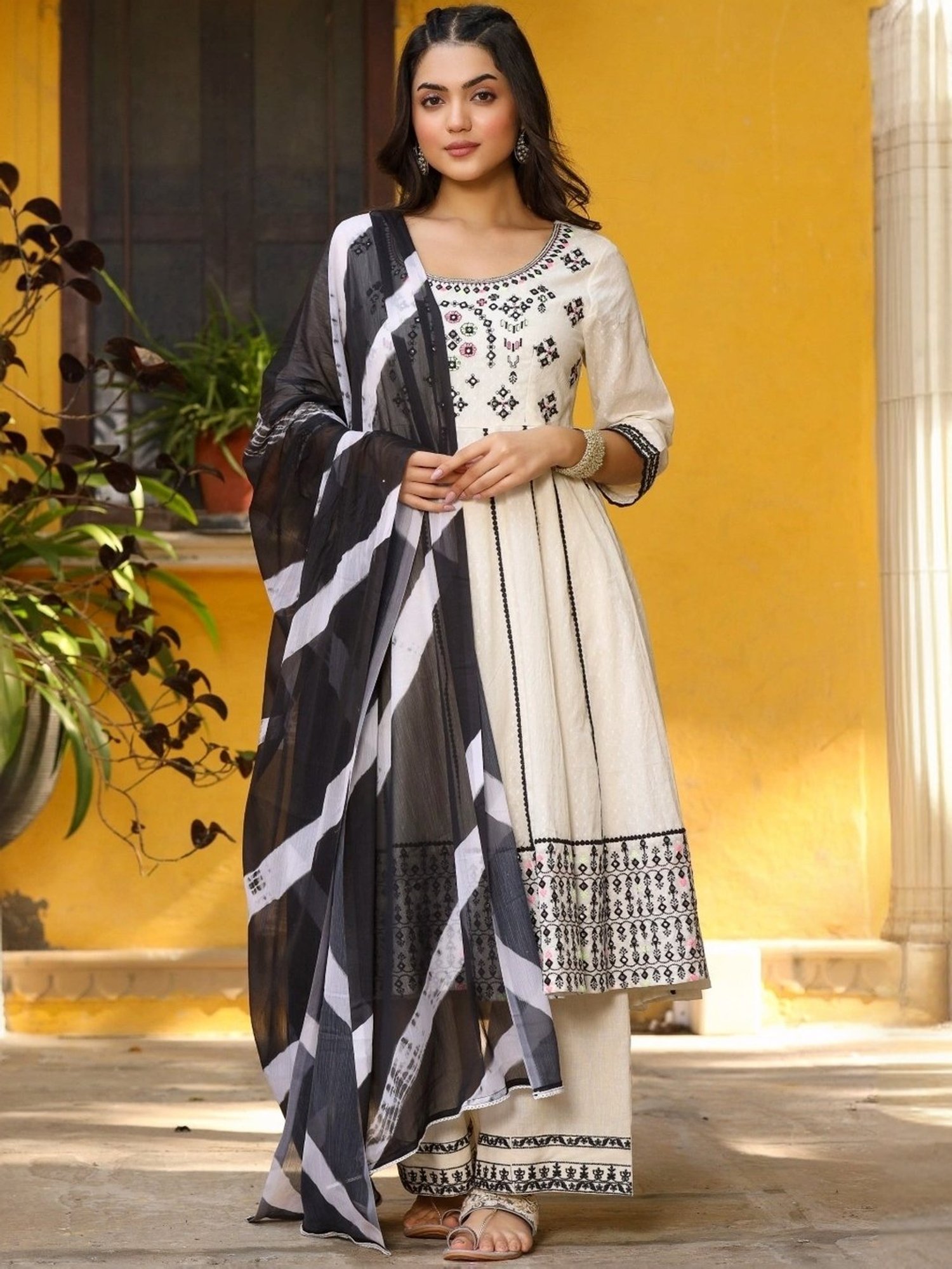 Juniper Off-White Cotton Embroidered Kurta Palazzo Set With Dupatta