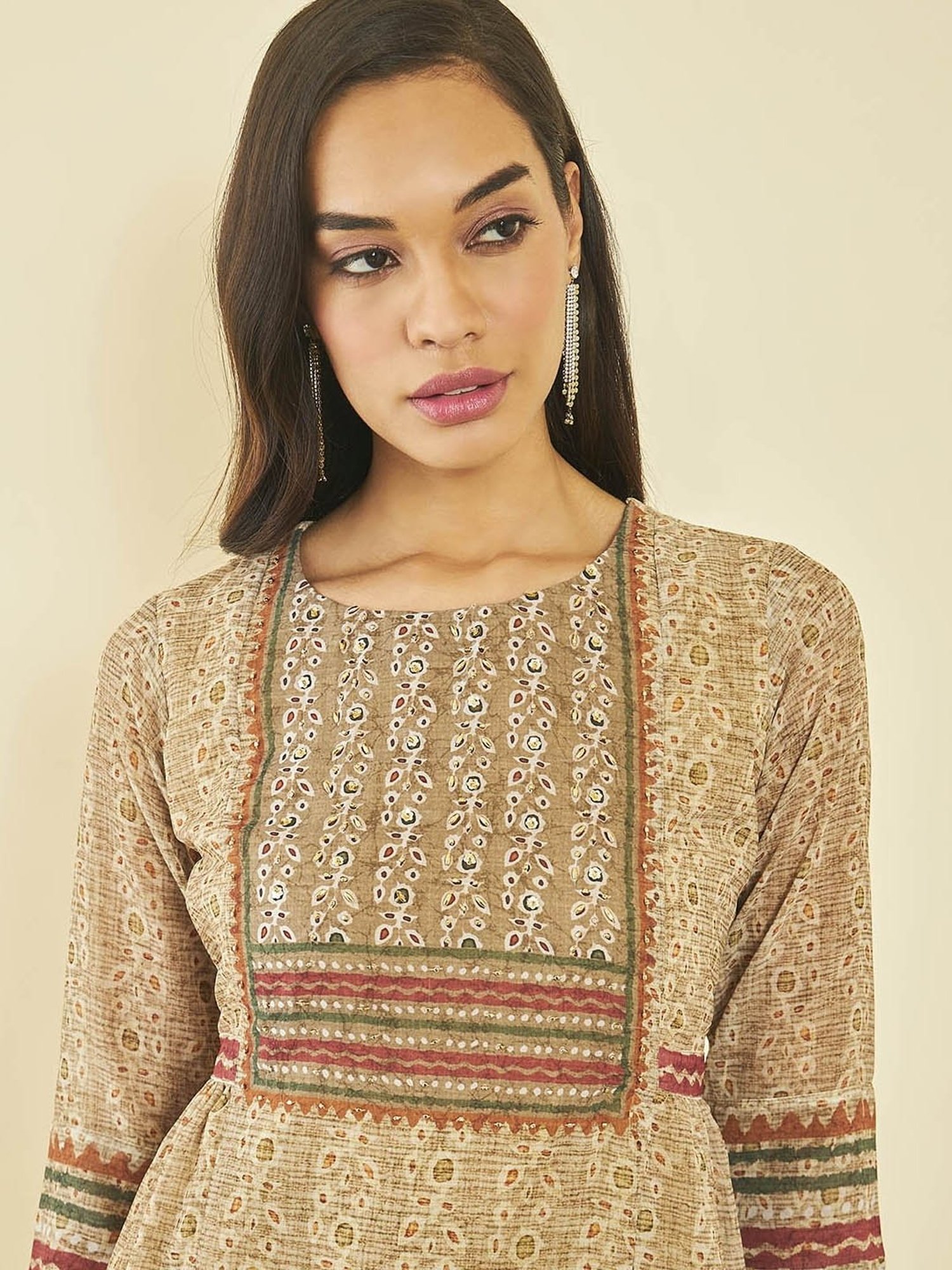 Soch Beige Georgette Floral Print Round-Neck Tunic with Beadwork