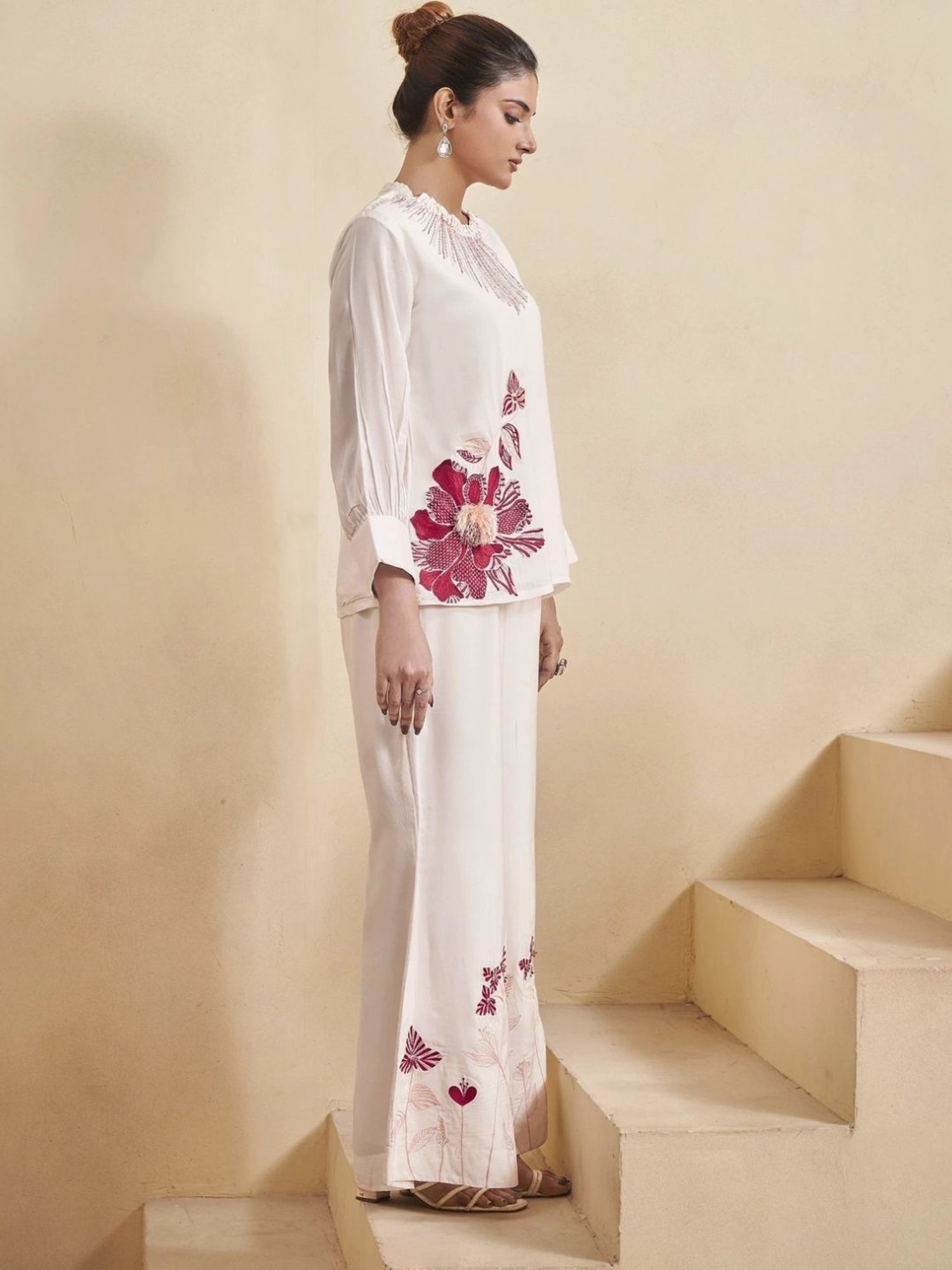 Kaftanize Off White Magnolia Blaze Ensemble Uppada Silk Top with Pant Co-Ord Set