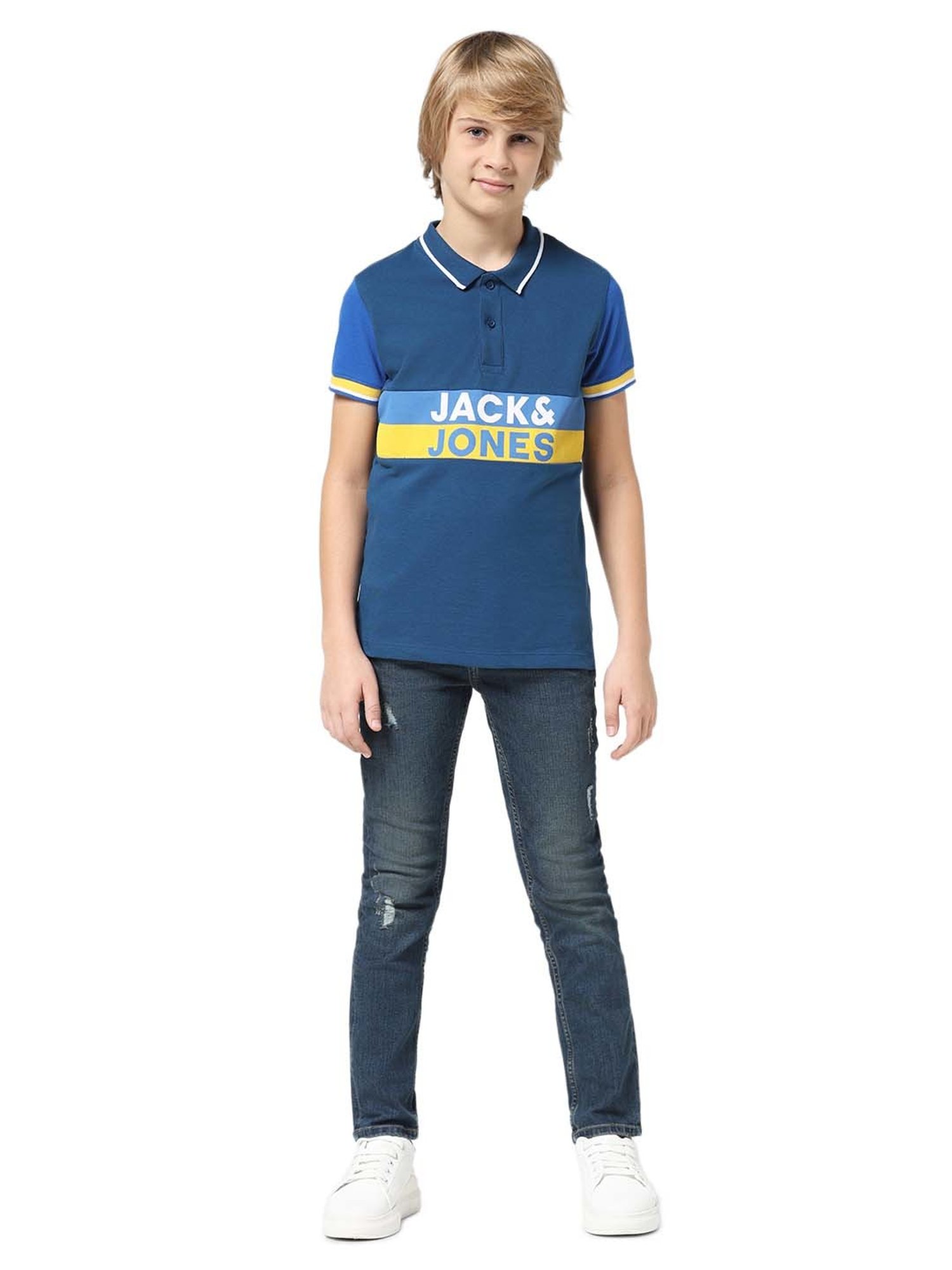 Jack & Jones Junior Navy Cotton Printed Polo T-Shirt