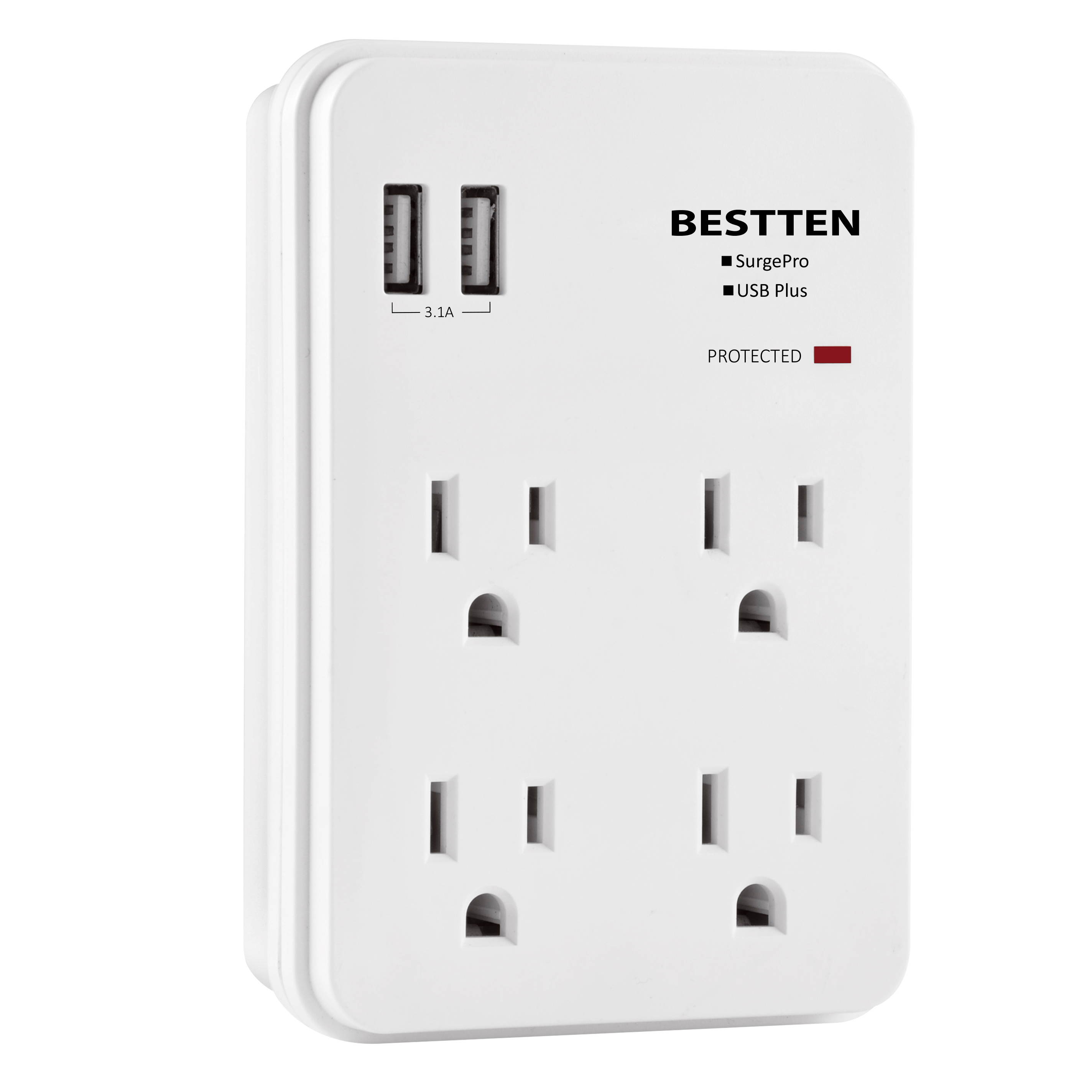 BESTTEN Slim Multi Wall Tap Outlet Adapter Surge Protector with 2 USB Charging Ports (2.4A/Port, 3.1A Total) and 4 Electrical Sockets, ETL Certified, White