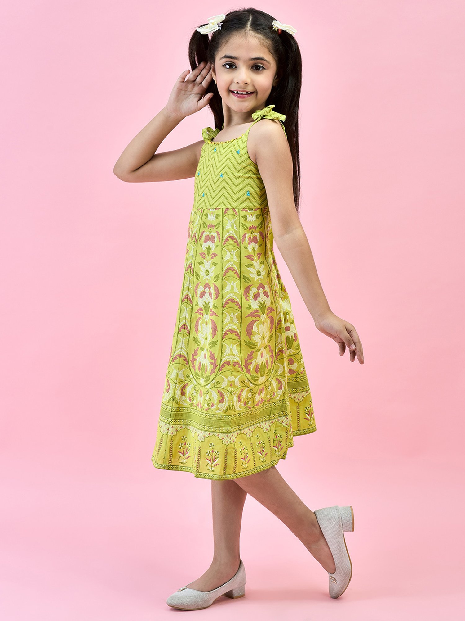 Juniper Girls Green Floral Print Anarkali Dress