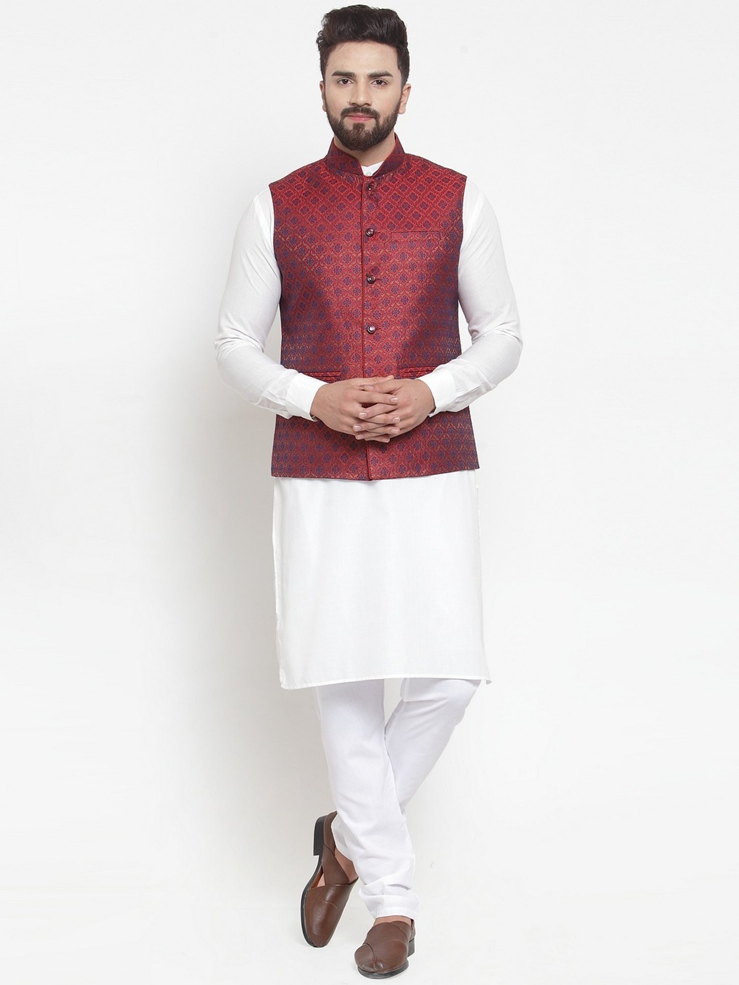 Treemoda Maroon Regular Fit Self Pattern Nehru Jacket