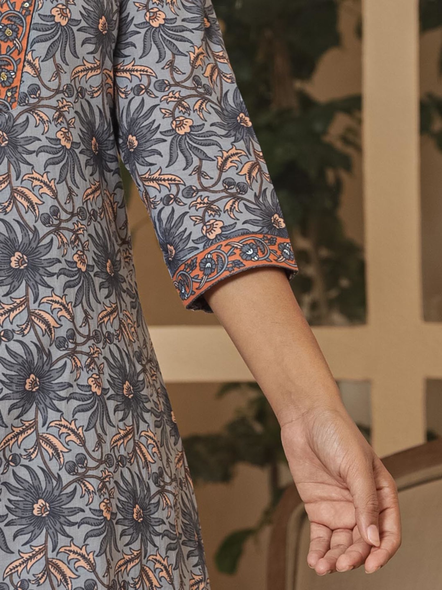 Yufta Grey Cotton Floral Print Kurta & Pant Set with Dupatta