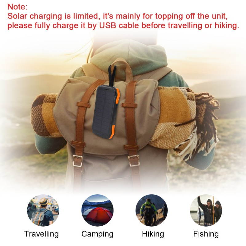 Solar Power Bank, PowerCore Solar 16000 Dual-Port Solar Charger with Flashlight, IP65 Splashproof, Dustproof for Camping/Outdoor Activities, Compatible with iPhone, Samsung Smartphones.