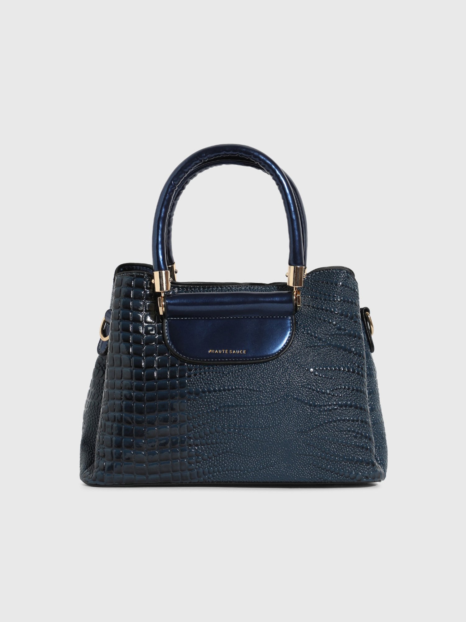 HauteSauce Midnight Blue Croc Textured Medium Leather Handheld Handbag