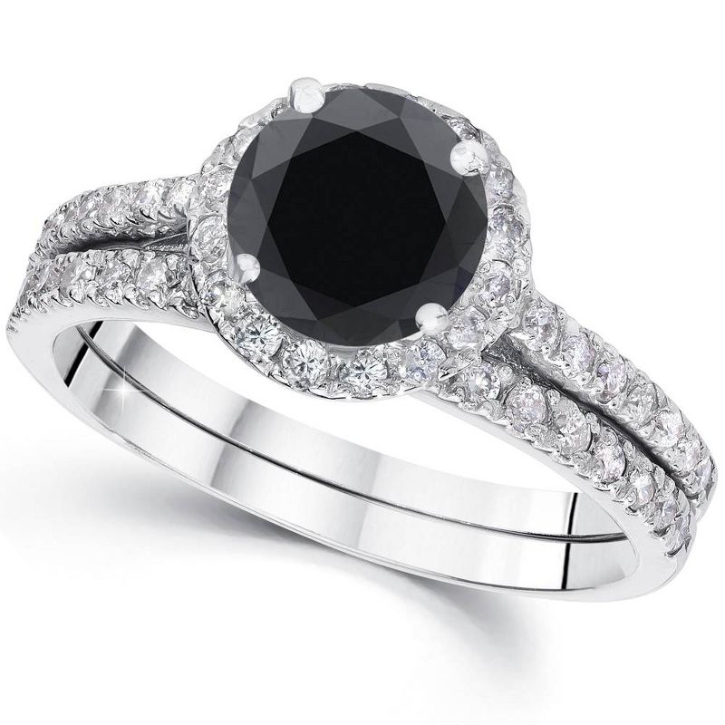 Pompeii3 2 1/2 Ct Treated Black Diamond Halo Engagement Wedding Ring Set 14K White Gold - Size 6.5