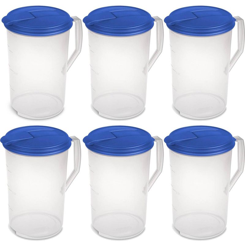 Sterilite 1 Gallon Round Pitcher, Clear with Blue Lid & Hinged Spout (6 Pack)