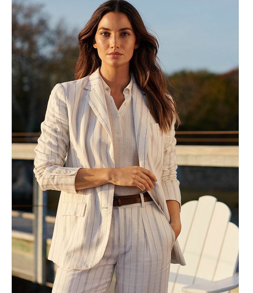 Lauren Ralph Lauren Striped Stretch Twill Notch Lapel Collar Two-Button Front Blazer
