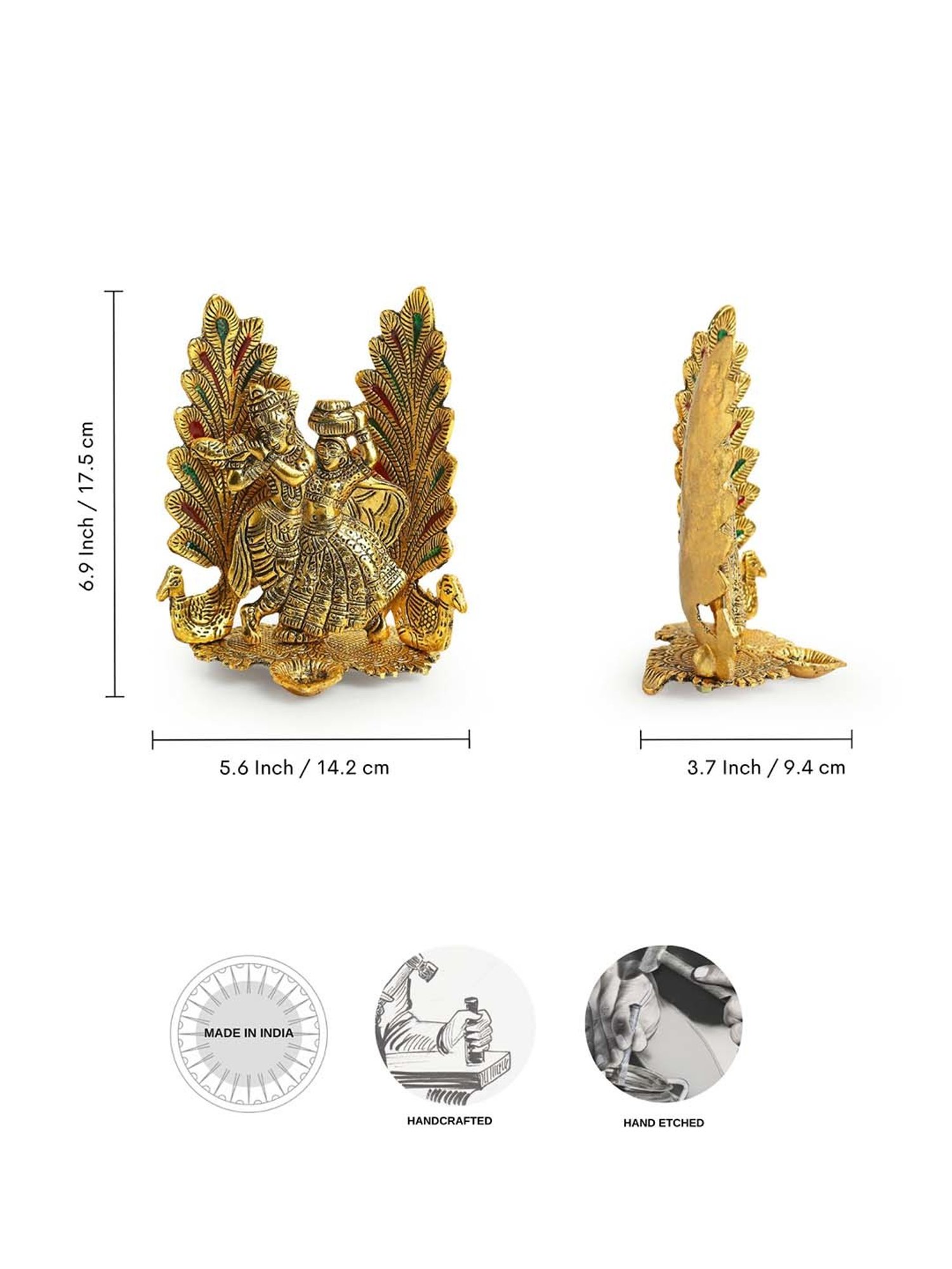 ExclusiveLane Golden Aluminium Radha-Krishna & Peacock Idol With Diya