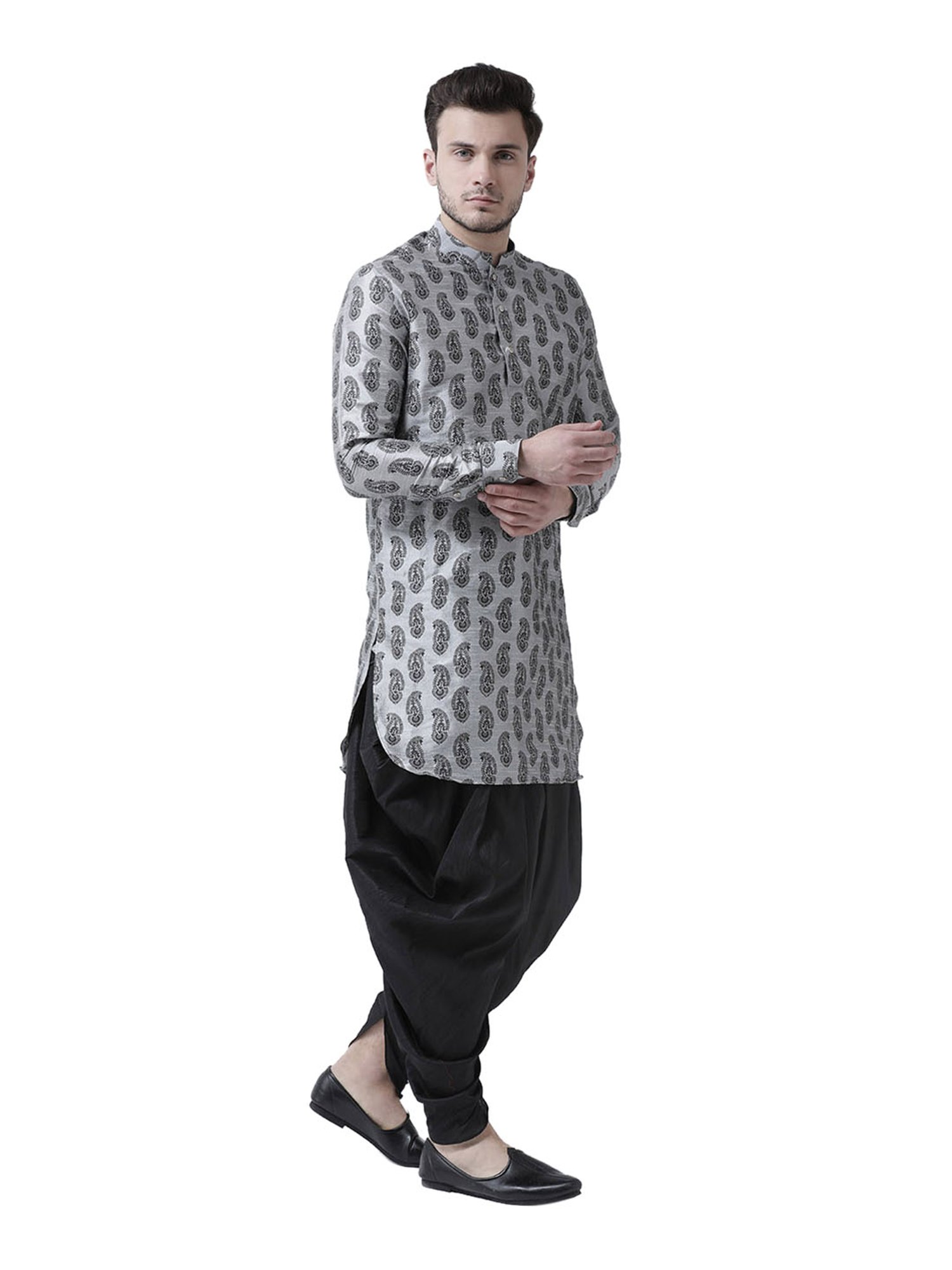 Deyann Light Grey Printed Mandarin Collar Silk Kurta Set