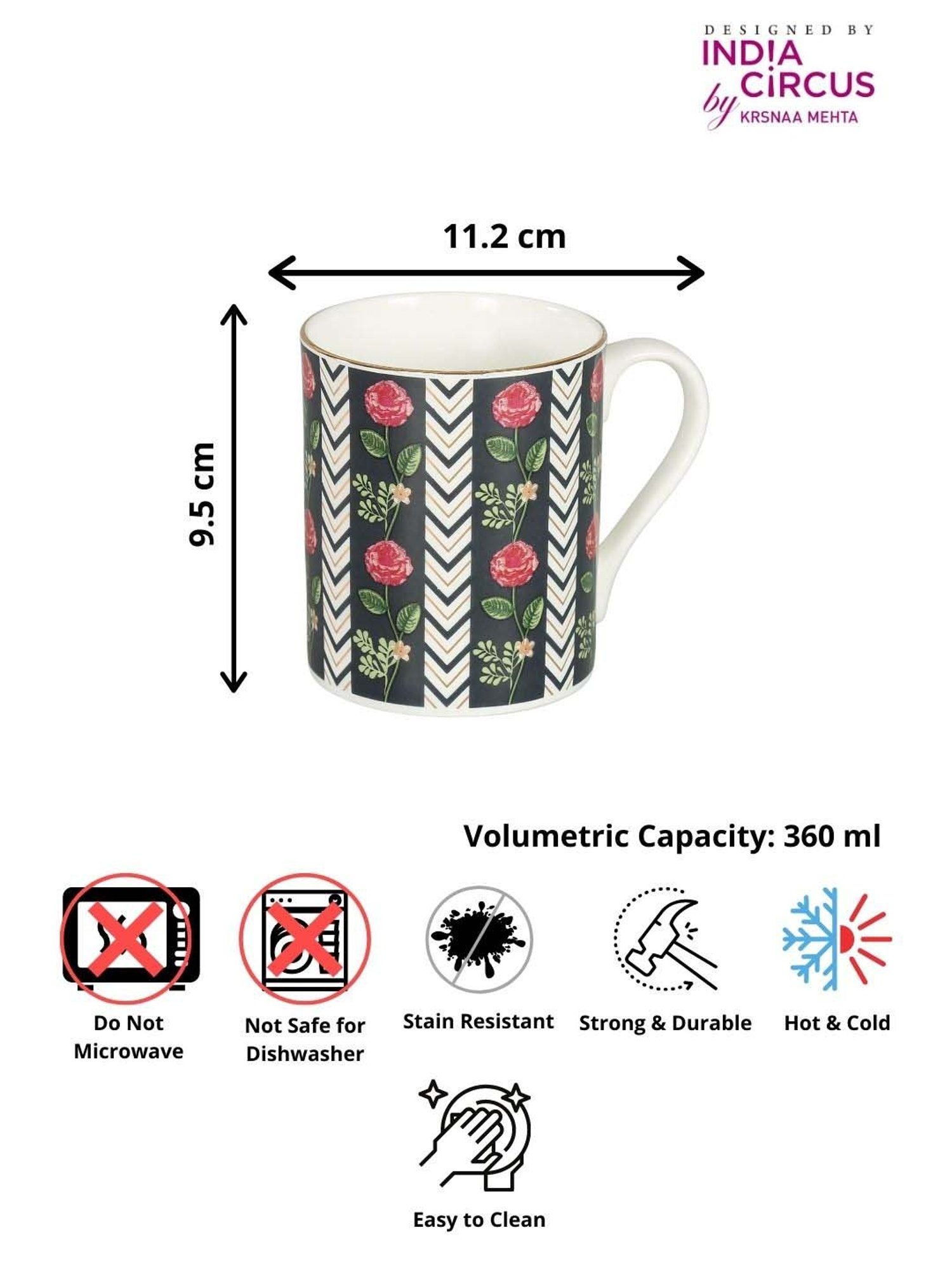 India Circus Black & White Ceramic 11.2 cm Milk Mug (0.36 L) - Set of 2